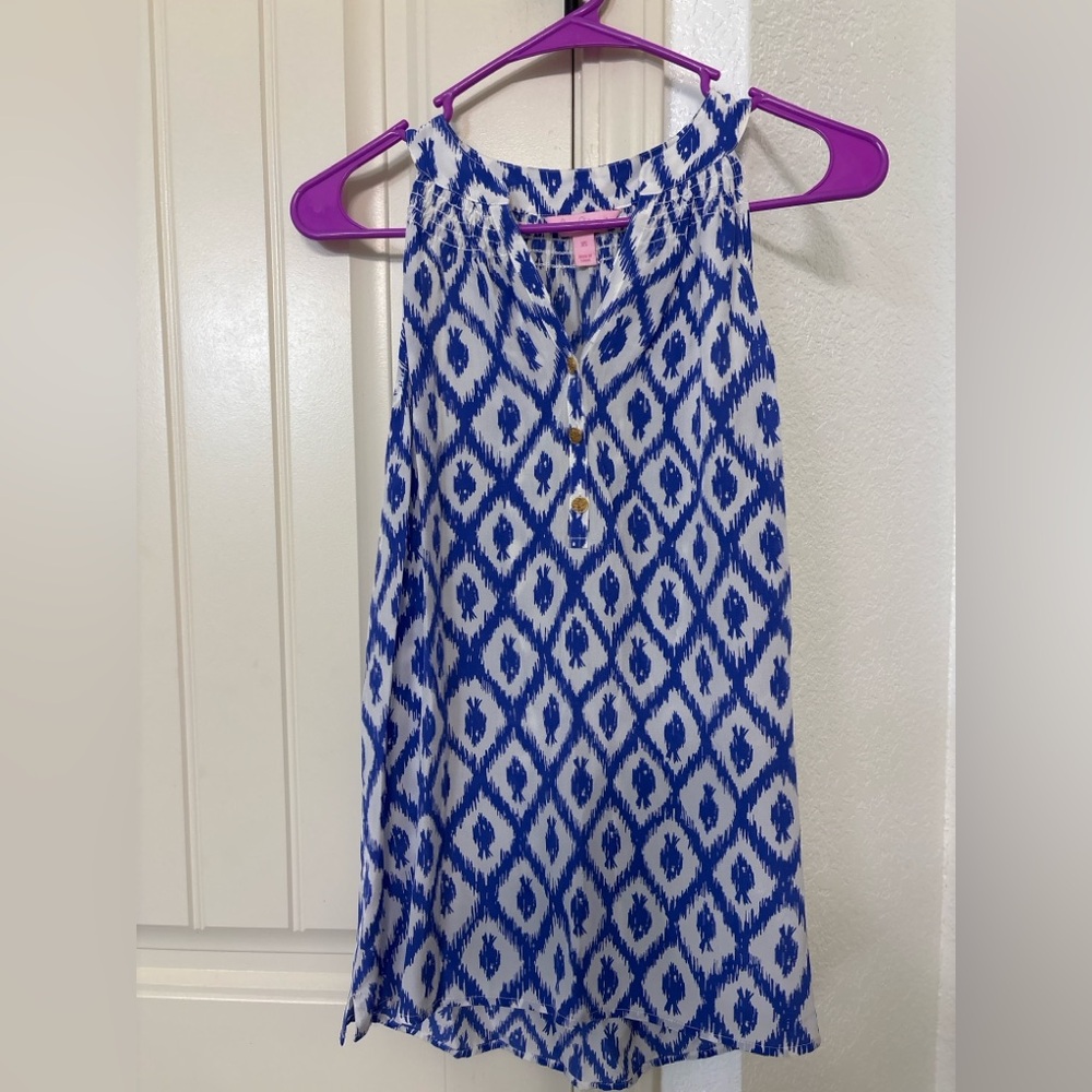 Lilly Pulitzer XS Silk Tank Blue White Print Gold Button Sleeveless Top
